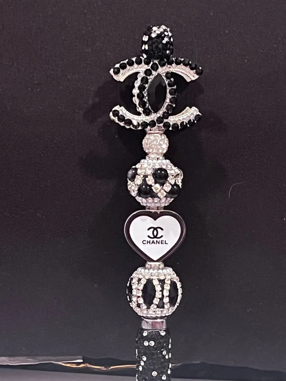 Designer inspired black and silver monogram focal fancy beaded pen